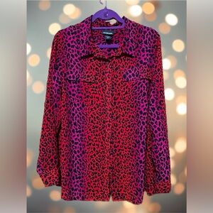 Leopard Print Button-Up Blouse - Red Pink and Black Size 18-20